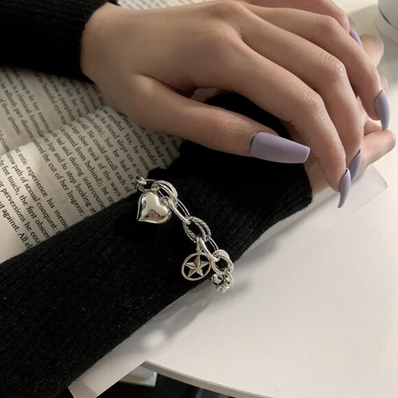 NEW 925 Sterling Silver Heart Star chunky Link Chain Bracelet - Picture 6 of 6